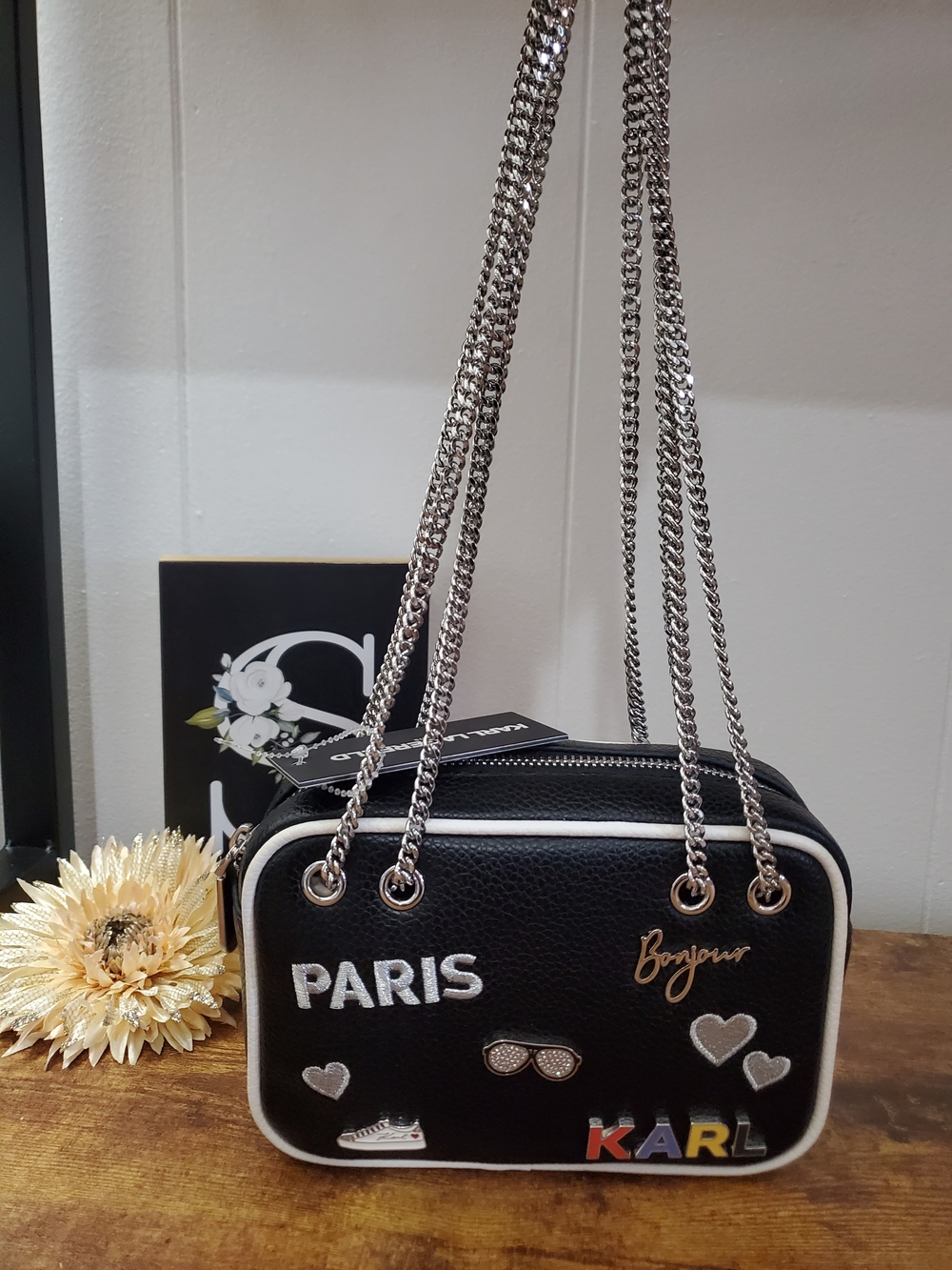 Karl Lagerfeld Black Crossbody Bag with White Trim and Patch Details Chain Strap